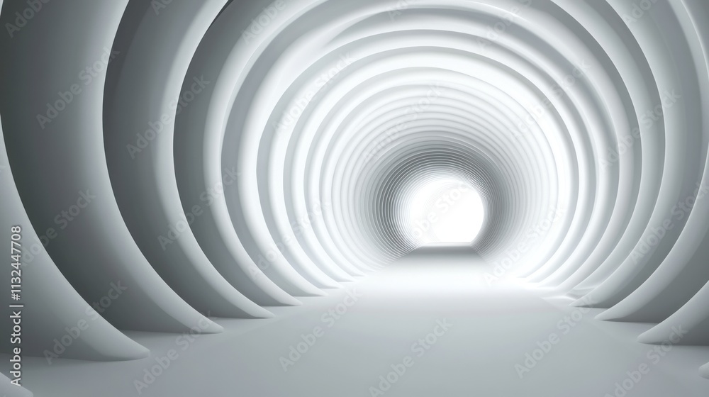 Obraz premium Monochromatic infinity tunnel with concentric circles, reflective textures, dramatic shadows, 3D render 