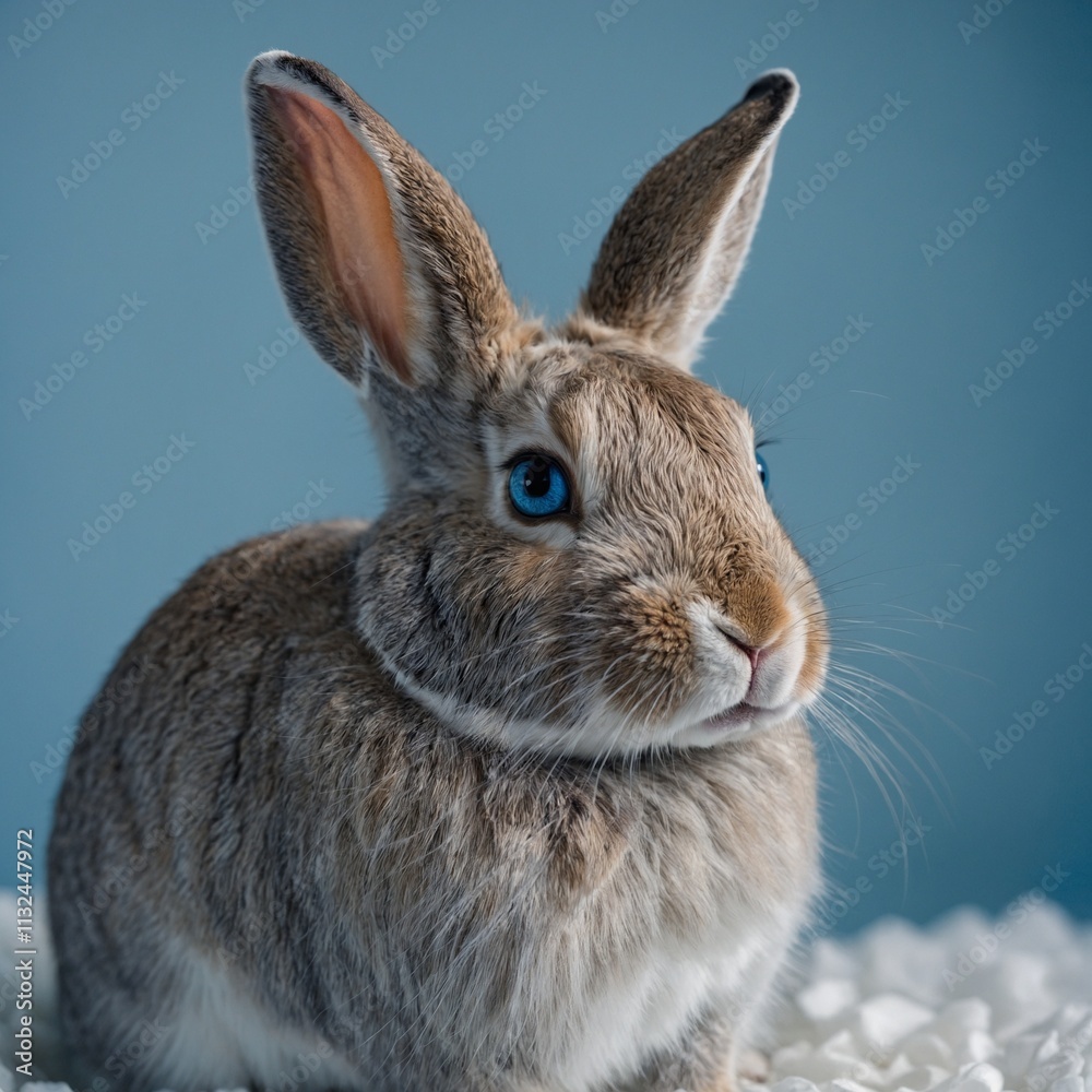 Fototapeta premium Prompt: A close-up portrait of a rabbit with crystal-clear blue eyes, sitting against a gradient background of soft white and blue hues.