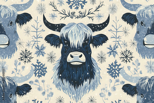 Stylized Highland Cow Silhouettes with Snowflakes in Soft Winter Colors