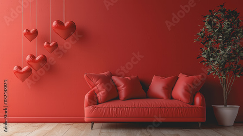 Love-Themed Home Decor with Red Couch, Stylish Pillows, and Lush Potted Plants Creating a Cozy and Romantic Atmosphere for Interior Design and Home Styling Inspiration photo