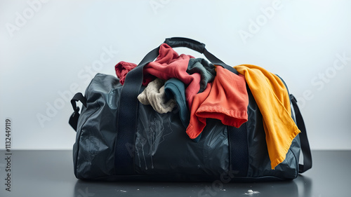 Sweaty gym bag overflowing with dirty clothes, visible stink lines, minimalist backdrop. Generative AI