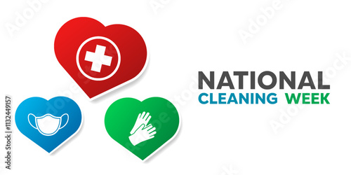 National Cleaning Week. Glove, mask, plus icon and heart. Great for cards, banners, posters, social media and more. White background.   