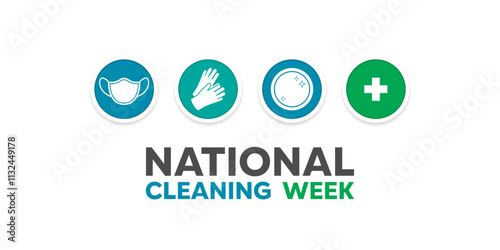 National Cleaning Week. Mask, glove, plate and icon plus. Great for cards, banners, posters, social media and more. White background.   