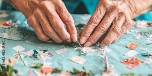 Hands Mending Clothes with Colorful Patches DIY Craftsmanship and Sustainable Living photo