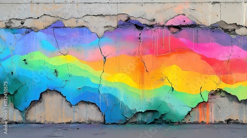 Rainbow Mural on a Cracked Wall: Vibrant Colors and Urban Art