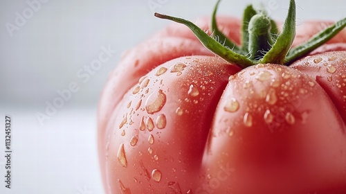 A striking close-up shot of a shiny red tomato with water droplets delicately adorning its surface, highlighted against an immaculate white backdrop, portraying a sense of deliciousness and appeal
