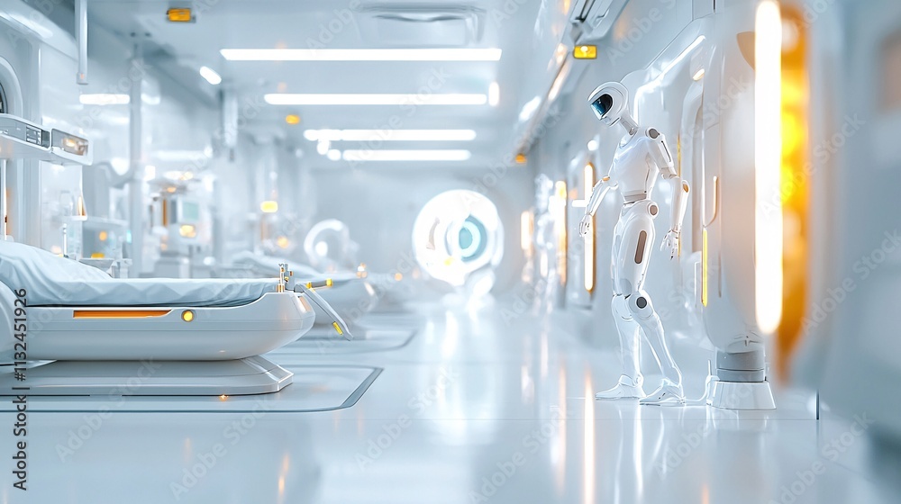 Fototapeta premium Healthcare and Telemedicine and Virtual Care Concept. Futuristic Medical Facility with Robot Assistance