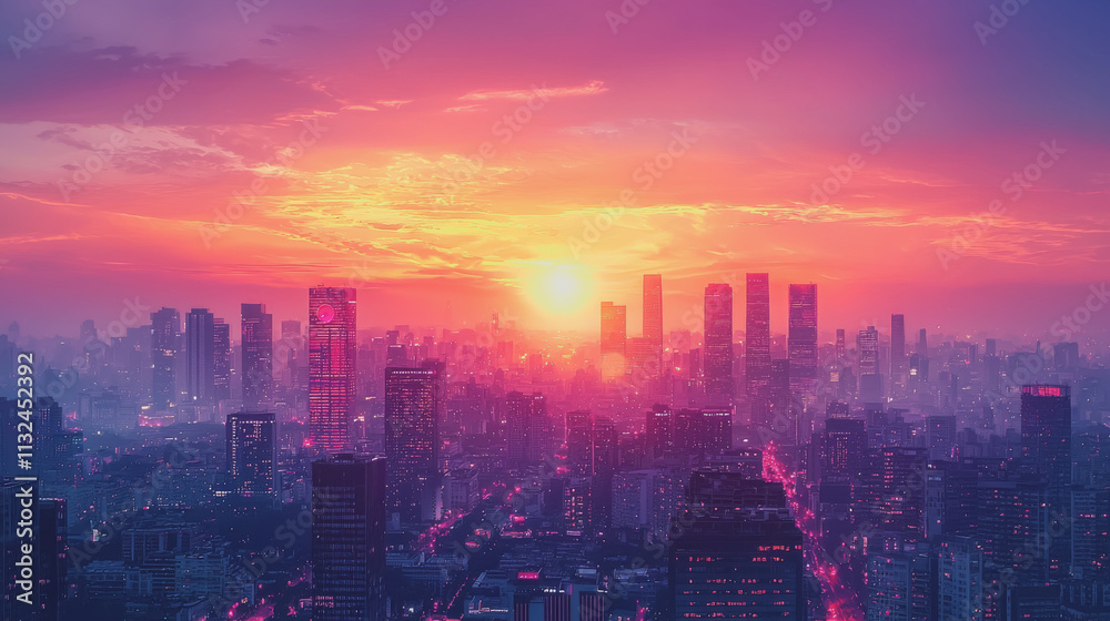 Fototapeta premium Romantic cityscape evening with sunset background featuring vibrant colors, soft lighting, and urban architecture for stunning visual storytelling and emotional connection in photography