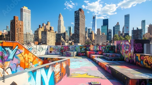 Vibrant Graffiti Rooftop with NYC Skyline