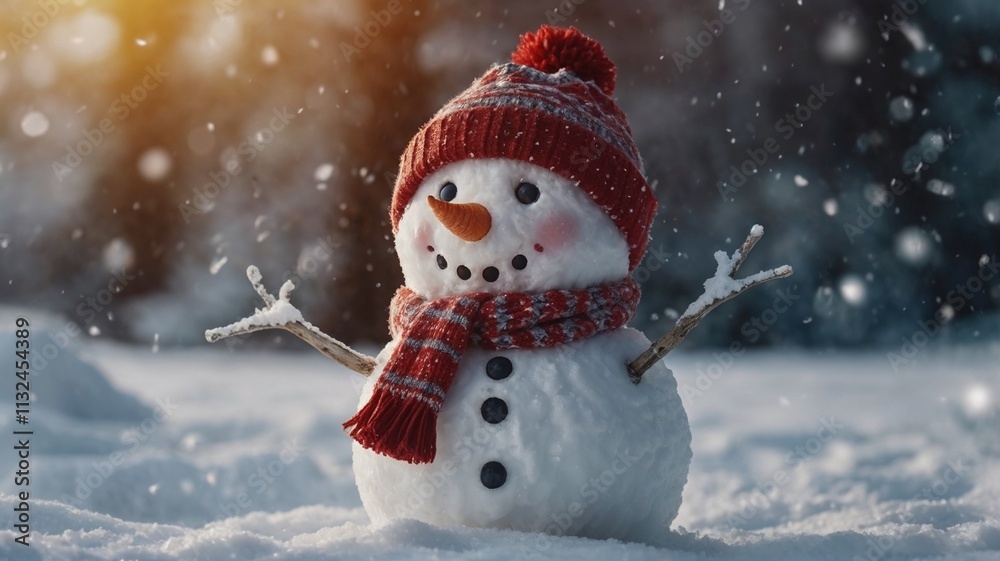 Fototapeta premium Cheerful snowman with red scarf and hat in a snowy winter scene