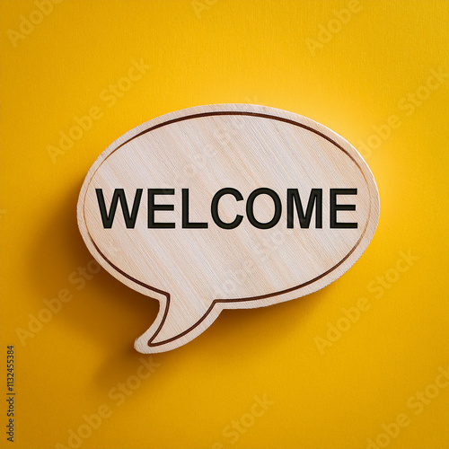 White wooden speech bubble with text WELCOME on yellow background. photo