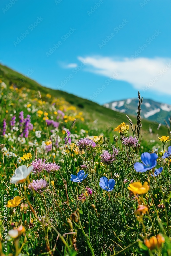 Obraz premium A field of flowers with a blue flower in the middle. The sky is blue and the sun is shining