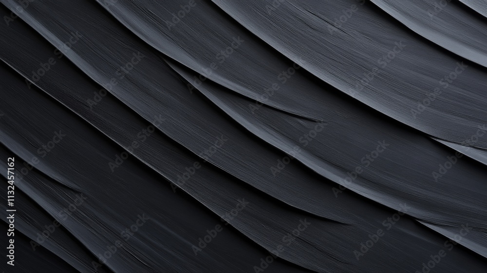 Obraz premium A single black tropical leaf showcases intricate veins, filling the frame. Soft lighting enhances its natural texture, creating a moody atmosphere with copy space