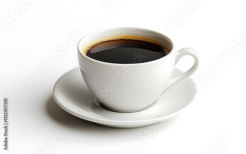 A full cup of black coffee sits on a white saucer against a white background.