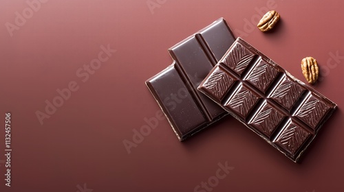 An isolated gourmet chocolate bar, artfully displayed with a glossy finish on its wrapping. The background is a rich, solid color that contrasts with the chocolates vibrant packaging, making it the photo