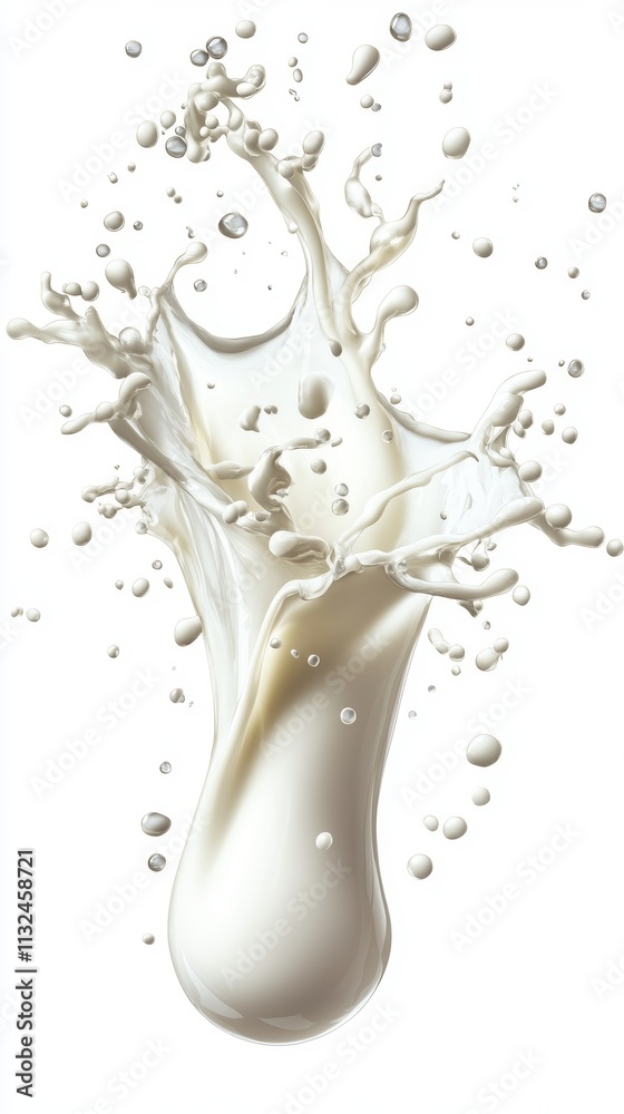 Obraz premium Close-up of creamy milk splashes forming smooth waves and drops, with a vivid countryside background featuring a picturesque farm and fluffy clouds.