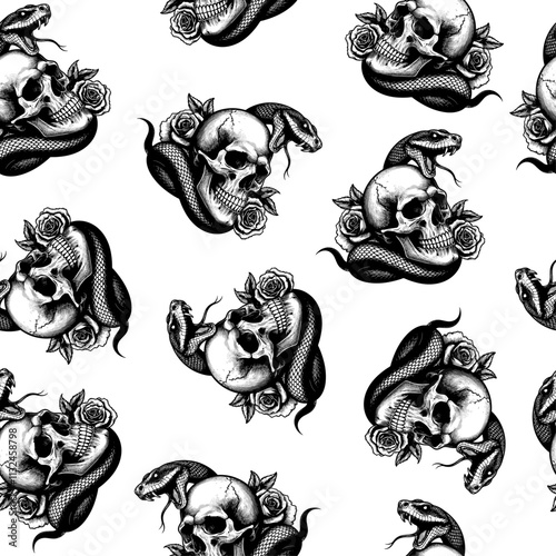 Obraz na plátně Skull & Snake Seamless Pattern