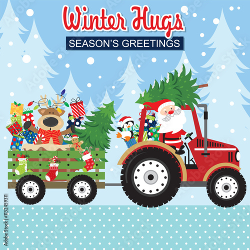 Christmas card design with Santa, reindeer, penguin and gifts on tractor