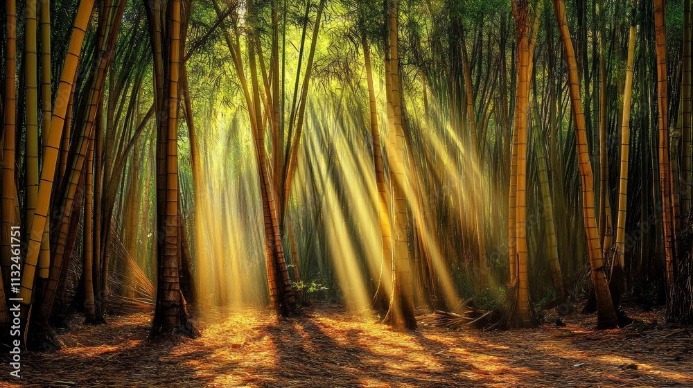 Obraz premium Dense bamboo forest with sunlight streaming through, casting light and shadows
