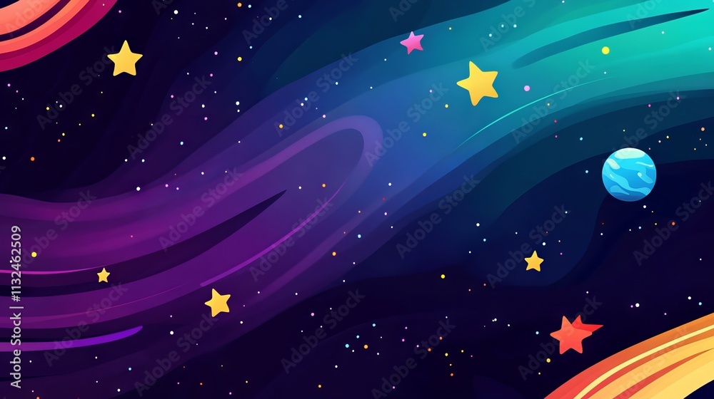 Fototapeta premium Adorable flat style vector space background with twinkling stars and outer space elements – cute cosmic design template for digital projects