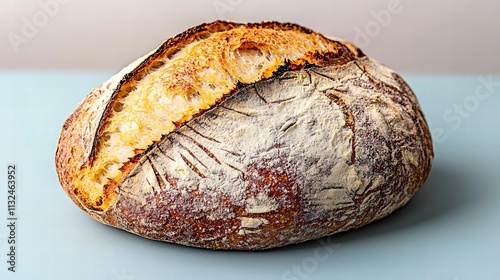 A close-up shot of a rustic artisan bread loaf, focusing on the intricately formed crust and the artisanal scoring patterns on top. The solid color background enhances the details of the bread, photo