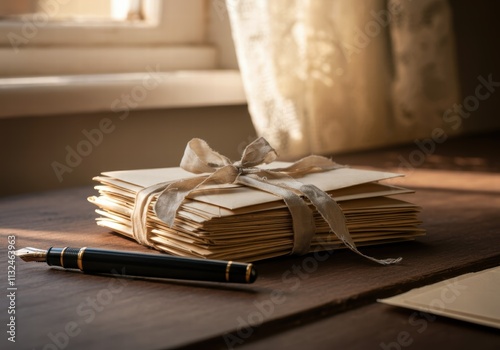 Bundle of vintage letters tied with ribbon near sunlit window