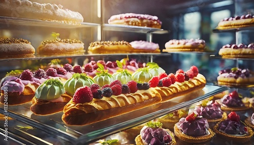 Delicious Sweet Pastries with Fresh Berries Displayed in a Charming Candy Store Tempting Eclairs and Tarts on a Glass Stand for a Delectable Treat Experience photo