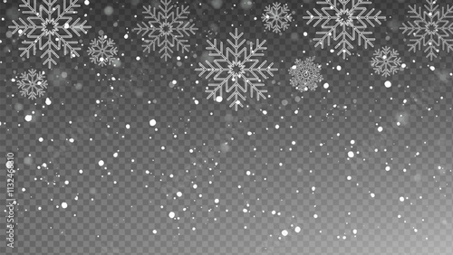 Falling snowflakes on transparent background. Snowy background. Realistic snow texture. Realistic snowfall.
