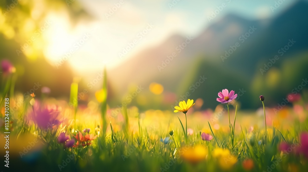 Fototapeta premium Colorful Wildflowers in Meadow at Sunset