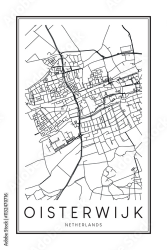 Printable downtown road map poster of the Dutch city of OISTERWIJK on solid white background with city name photo