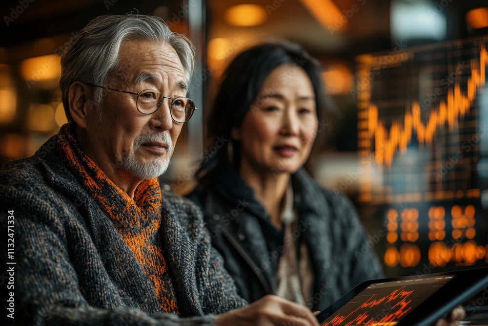 Obraz premium Elderly Japanese Couple Exploring Cryptocurrency Investments at Modern Kitchen Counter