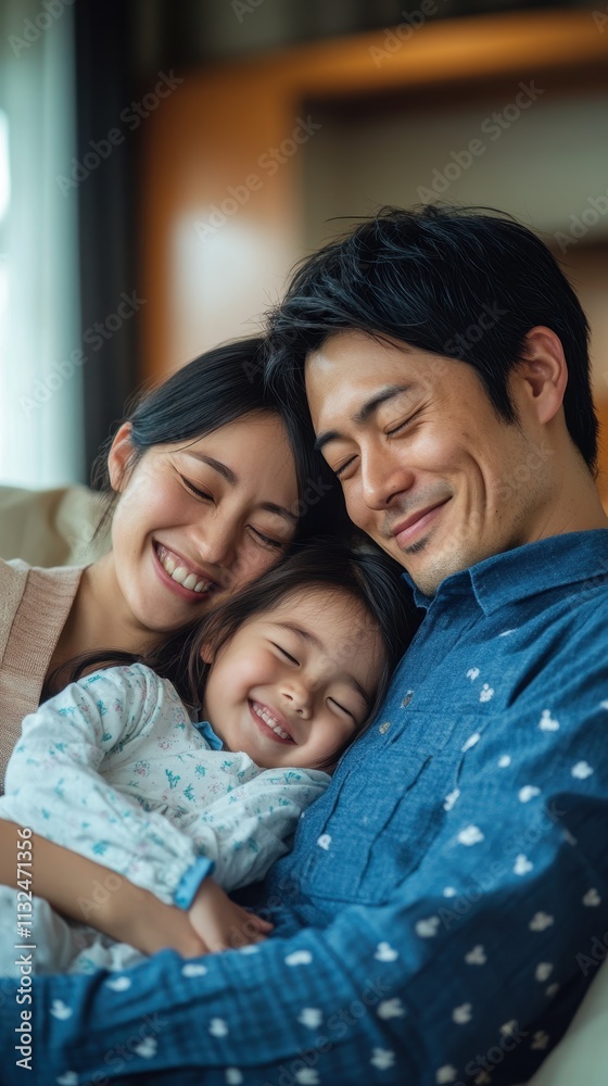 Fototapeta premium Happy Family Portrait: Parents and Daughter Cuddle on Cozy Sofa, Expressing Love and Happiness