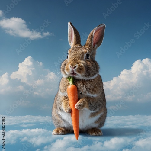 A cartoon-style rabbit holding a carrot in a soft blue cloudscape.