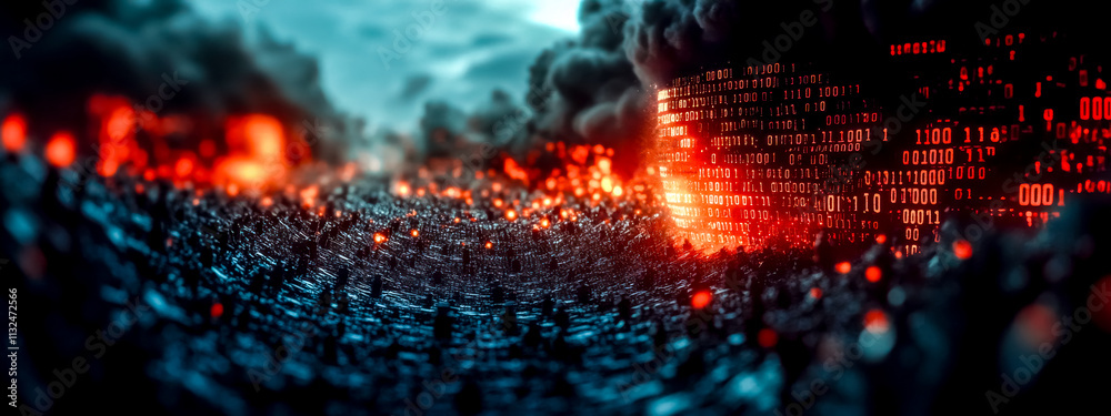 Fototapeta premium Binary code armies colliding in digital warfare on fire