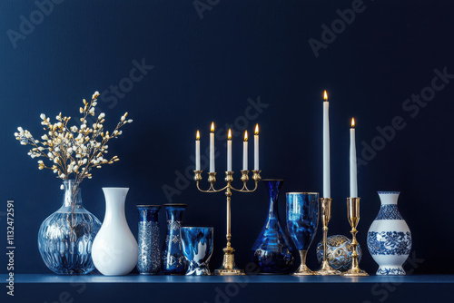 Elegant hanukkah celebration with menorahs and dreidels home decor festive atmosphere deep navy background hanukkah decorations for seo impact photo