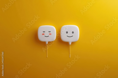 Minimalistic speech bubbles on vibrant yellow background, showing emotional expressions with smiling and neutral faces, representing communication and emotional contrast.