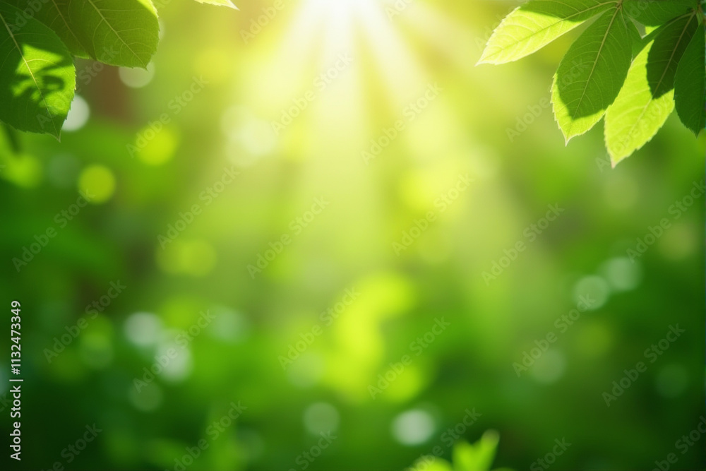 Obraz premium A nature-inspired wellness background with calming greenery, soft sunlight filtering through leaves, and a tranquil yoga setting..