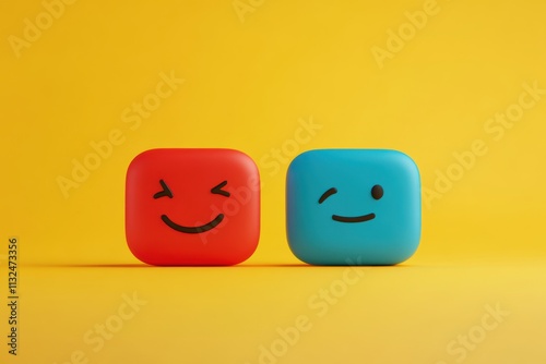 Minimalistic speech bubbles on vibrant yellow background, showing emotional expressions with smiling and neutral faces, representing communication and emotional contrast.