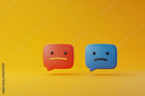 Minimalistic speech bubbles on vibrant yellow background, showing emotional expressions with smiling and neutral faces, representing communication and emotional contrast.