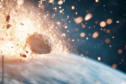 Asteroid Collision with Earth Explosive Impact and Fiery Debris in Cosmic Landscape photo