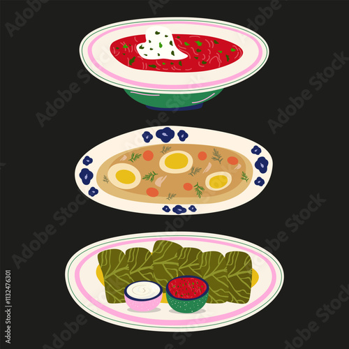 A set of Ukrainian national dishes for the Christmas table. Traditional Ukrainian cuisine. Vintage food stickers. Borscht, varenyky, holubtsi, pampushki, deruny, salo. Vector illustration 