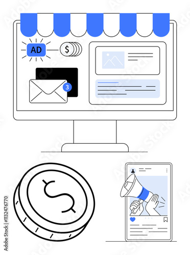 Online storefront with email notifications, digital advertising, financial coins, mobile marketing via smartphone. Ideal for e-commerce, online business, digital marketing, financial tech