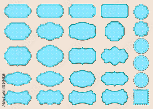 Label frames with ornamental edges and blue polka dot texture. Vintage large collection of different stickers isolated on a pale beige background. Vector big set for greeting card, signage, flyer, tag