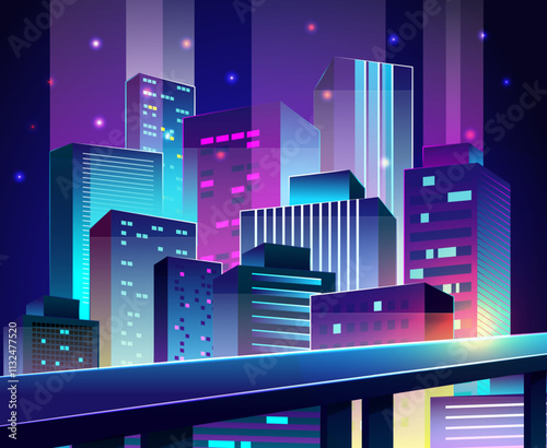 Futuristic city. Night cityscape. Future town. Automobile bridge and downtown skyscrapers. Glowing neon buildings. Urban architecture. Cyberpunk skyline. Modern street. Vector landscape background