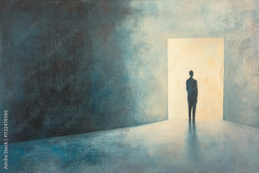 Obraz premium Solitary figure facing bright doorway, textured walls.