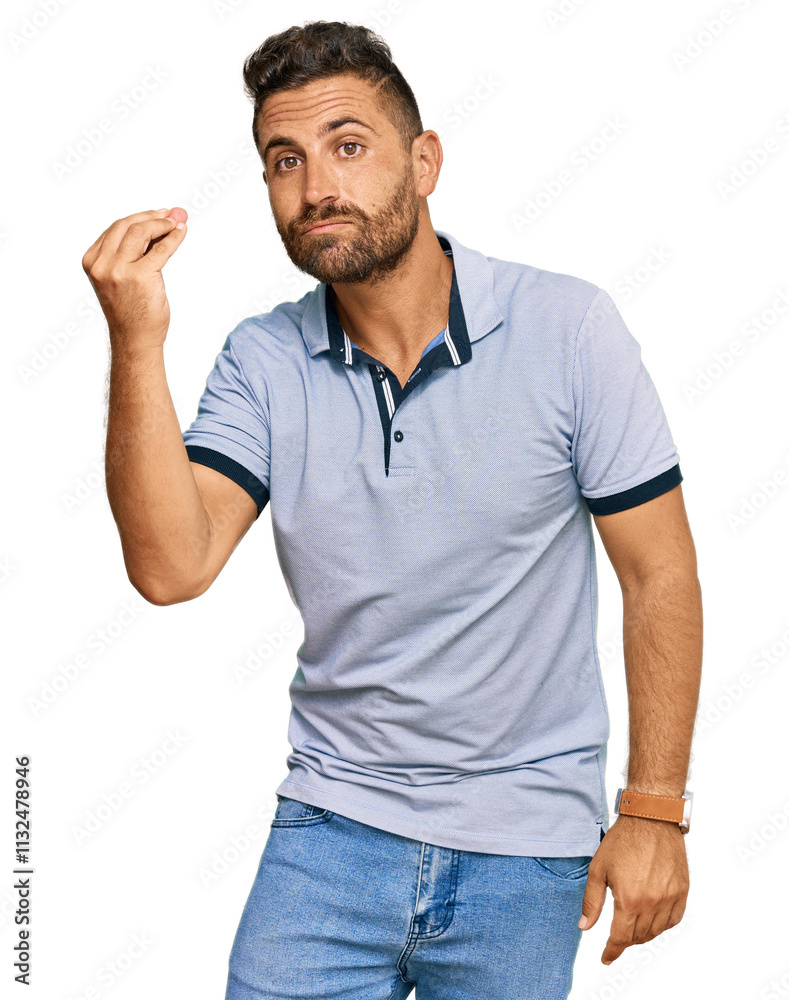Handsome man with beard wearing casual clothes doing italian gesture with hand and fingers confident expression Handsome man with beard wearing casual clothes doing italian gesture with hand and fingers confident expression