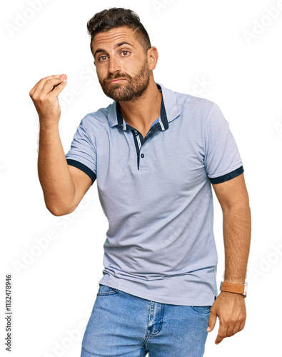 Handsome man with beard wearing casual clothes doing italian gesture with hand and fingers confident expression