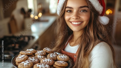 Smiling Woman in Santa Hat Holding Christmas Cookies photo