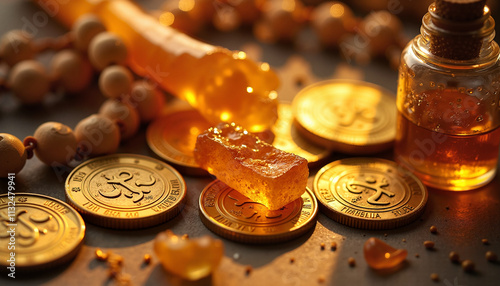 gold coins, granules of incense resin and a bottle of myrrh surrounded by warm golden light and soft shadows