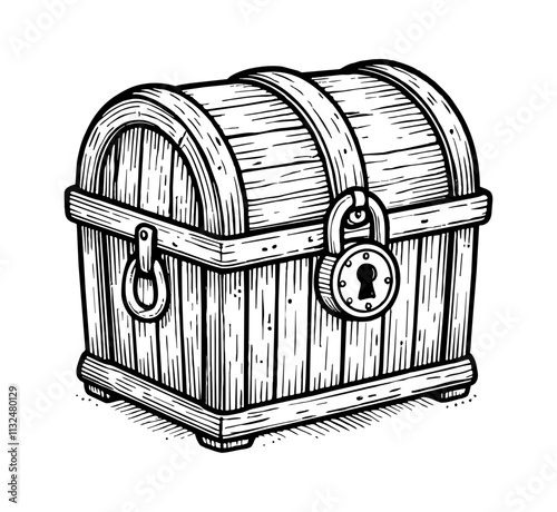 wooden treasure chest with a curved lid and large padlock on the front